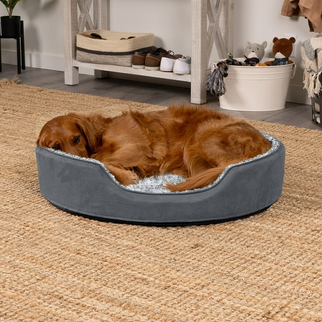 FurHaven Two-Tone Faux Fur & Suede Oval Pet Bed for Dogs