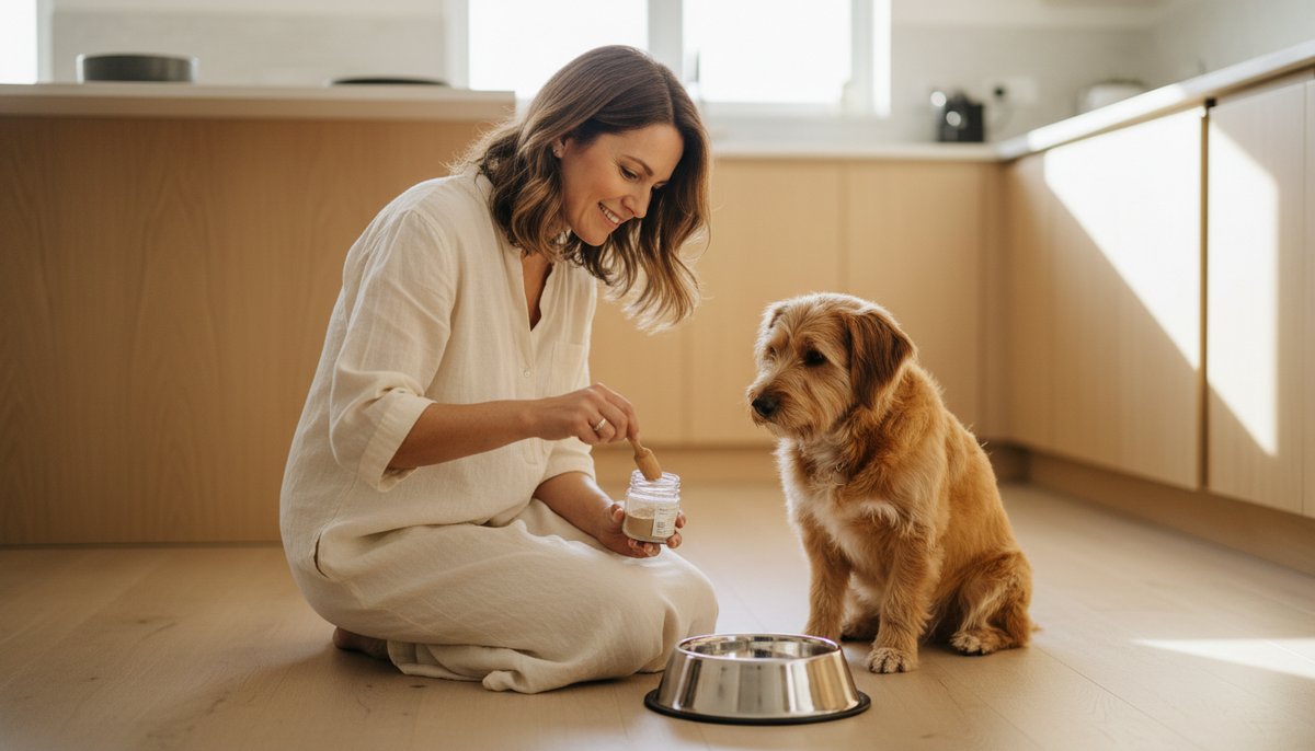 Woman adding mushroom supplement powder to her dog's food bowl in a bright kitchen