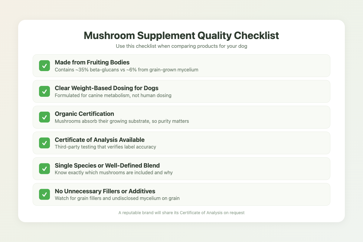 Checklist of six quality markers to evaluate when choosing mushroom supplements for dogs